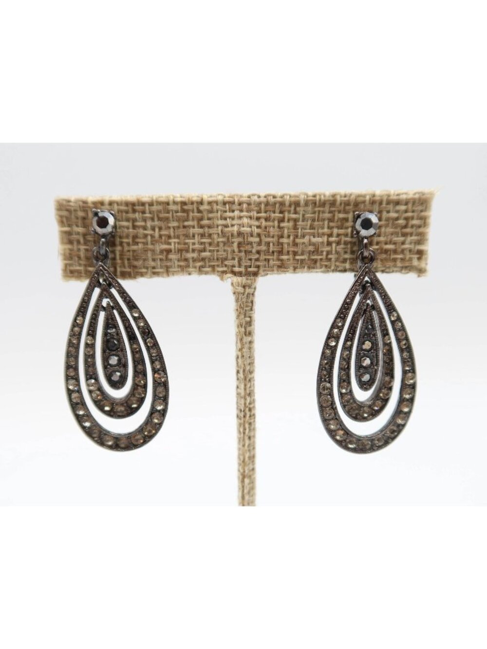 Marcasite & Gunmetal Tone Concentric Tear Drop Clip On Drop Statement Earrings